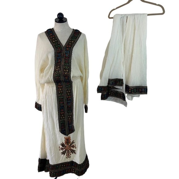 Island Tribe Womens Dress One Size Cream Hebesha Maxi With 2 Scarfs Belt - Picture 1 of 10